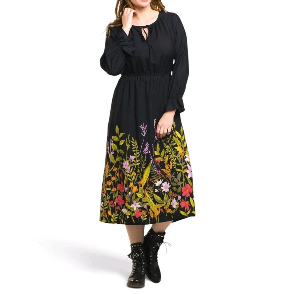 Old Navy Black Floral Border Print Midi Dress Long Sleeve Boho Womens XL